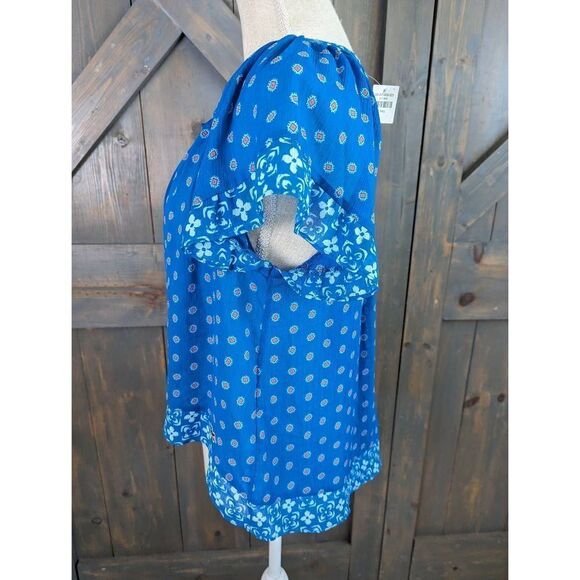 Hollister Women's Floral Boho V Neck Ruffled Short Sleeve Top Bright Blue XS New - Picture 2 of 13